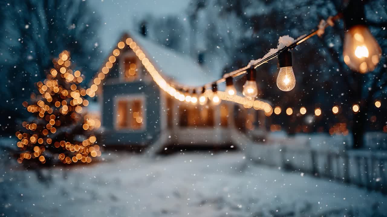 A Cozy Winter Evening: A Beautiful House Decorated with Festive Lights and a Sparkling Christmas Tree Under a Gentle Snowfall, Creating a Magical Atmosphere