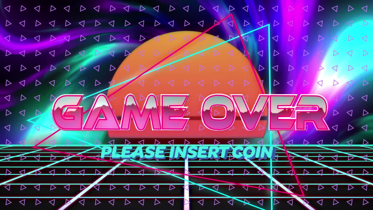 네온 삼각형과 메타버스 그리드 위에 메탈릭 분홍색으로 텍스트 위에 게임의 애니메이션