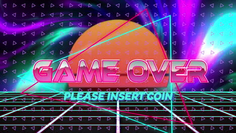 animación del juego sobre texto en rosa metálico sobre triángulos de neón y cuadrícula de metaverso.