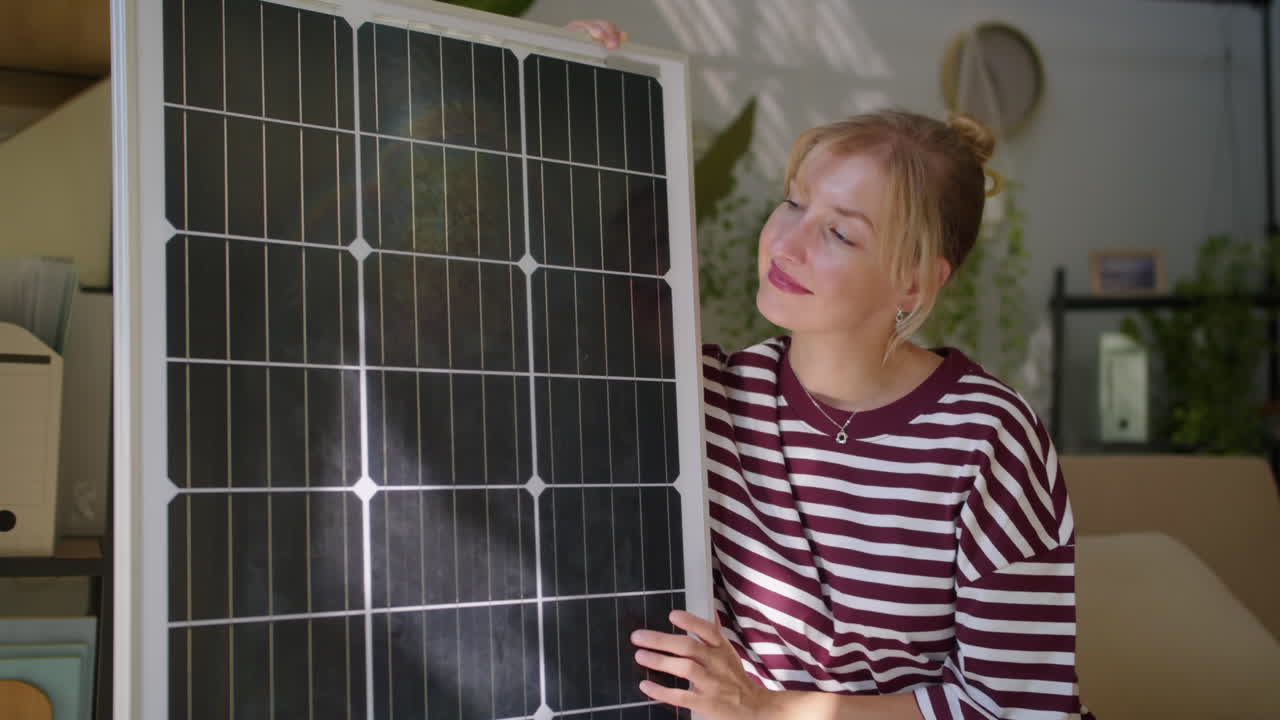 Portrait of Woman Standing near Solar Panel at Green Office