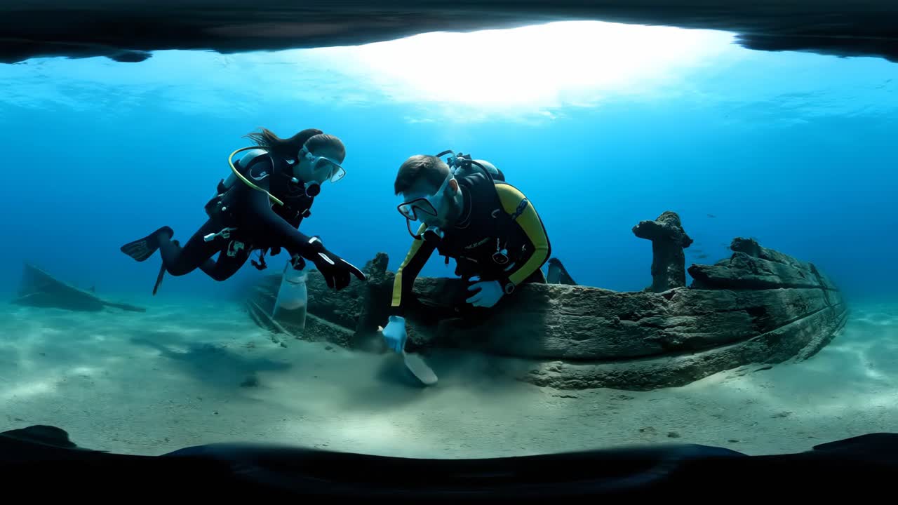 Scuba Divers Exploring Underwater Shipwreck