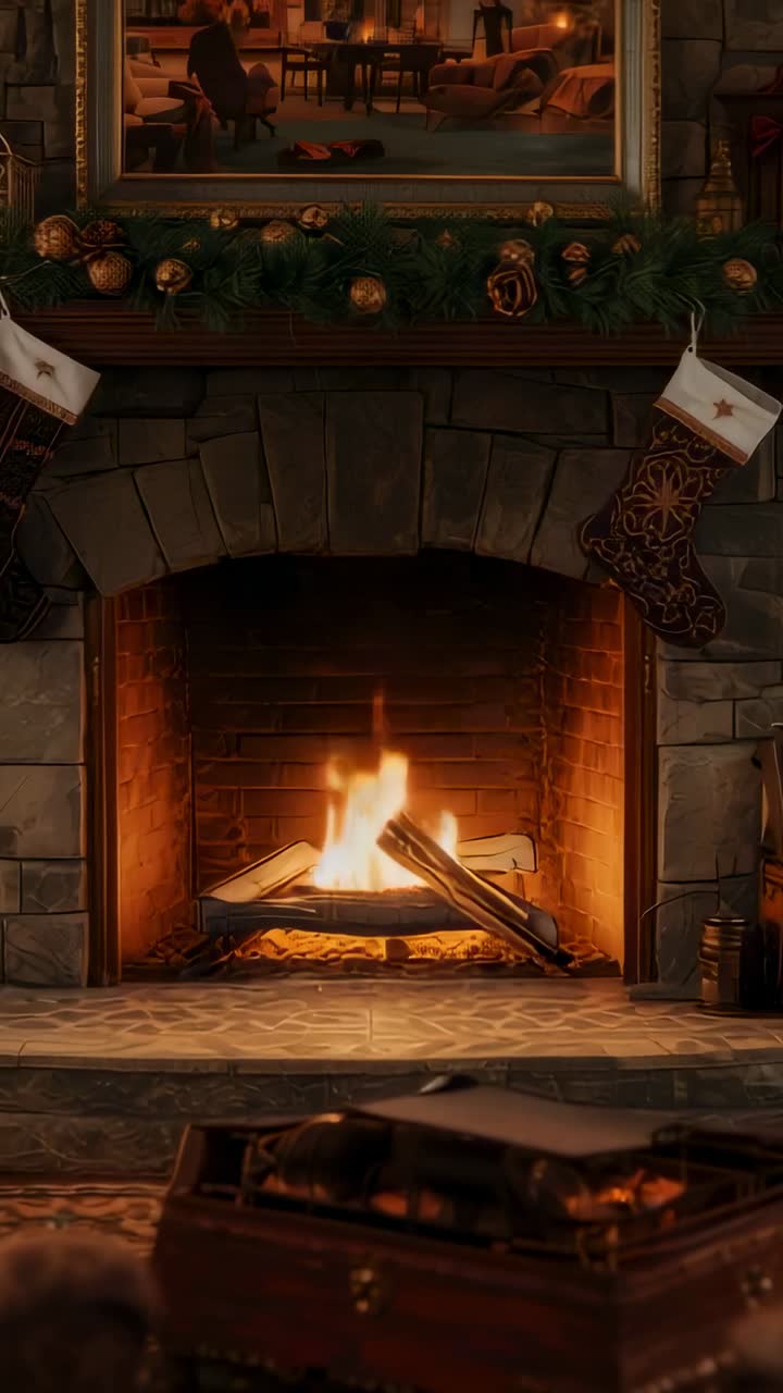 Vertical video: Stone fireplace sending pulsing flames in living room, with garland and stockings