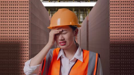 close up of asian female engineer with safety helmet having a headache while working with red brick packed in stacks are stored