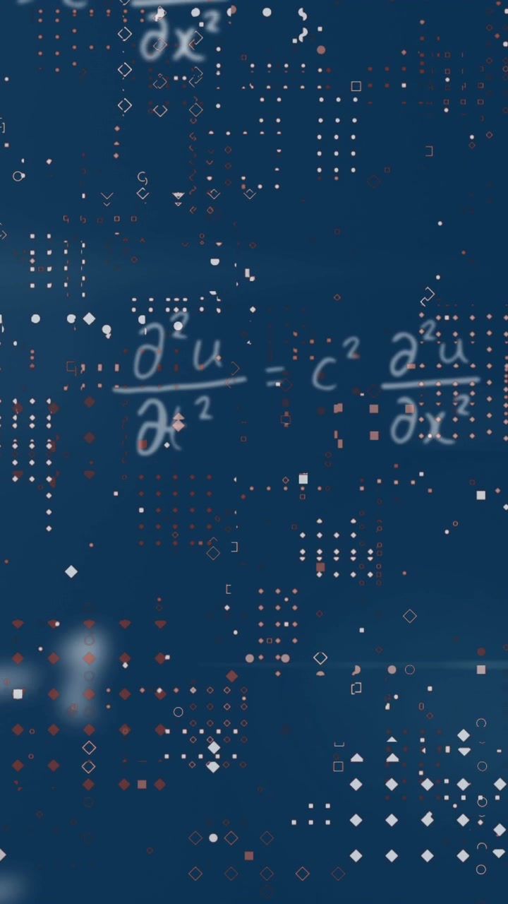 Animation of mathematical equation over red and white dots against abstract background