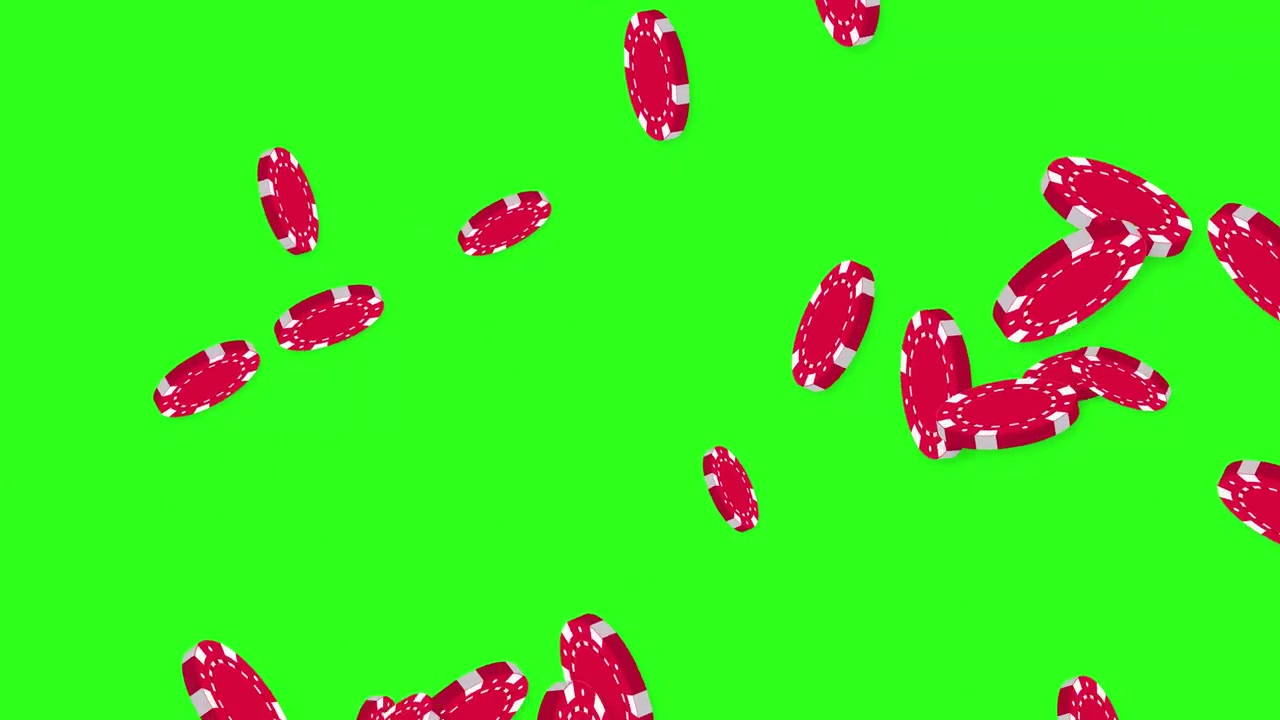 Fiches da poker rosse da casinò cadono e rimbalzano su uno schermo verde in un'animazione dinamica.