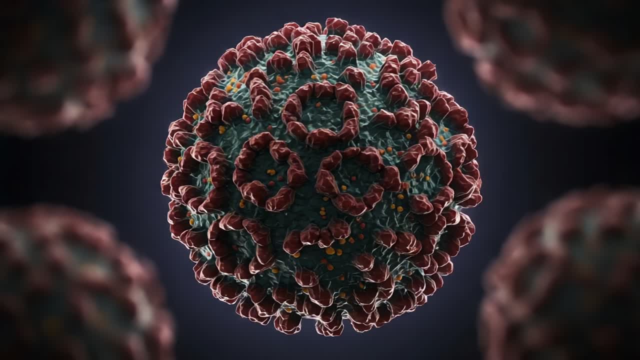 Intricate Structure of a Virus: Detailed Visualization of a Viral Particle Surrounded by Other Viruses in a Dark Background, Showcasing Its Unique Features