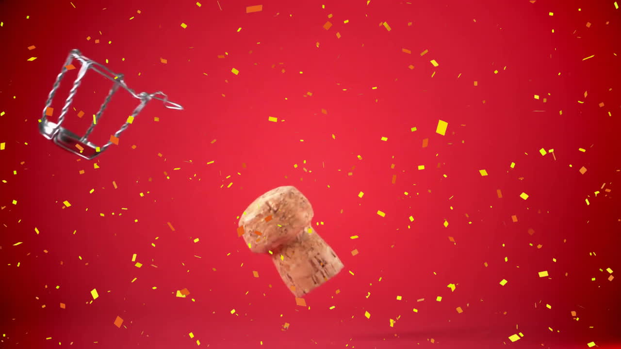 Animazione di coriandoli su tappo di champagne su sfondo rosso