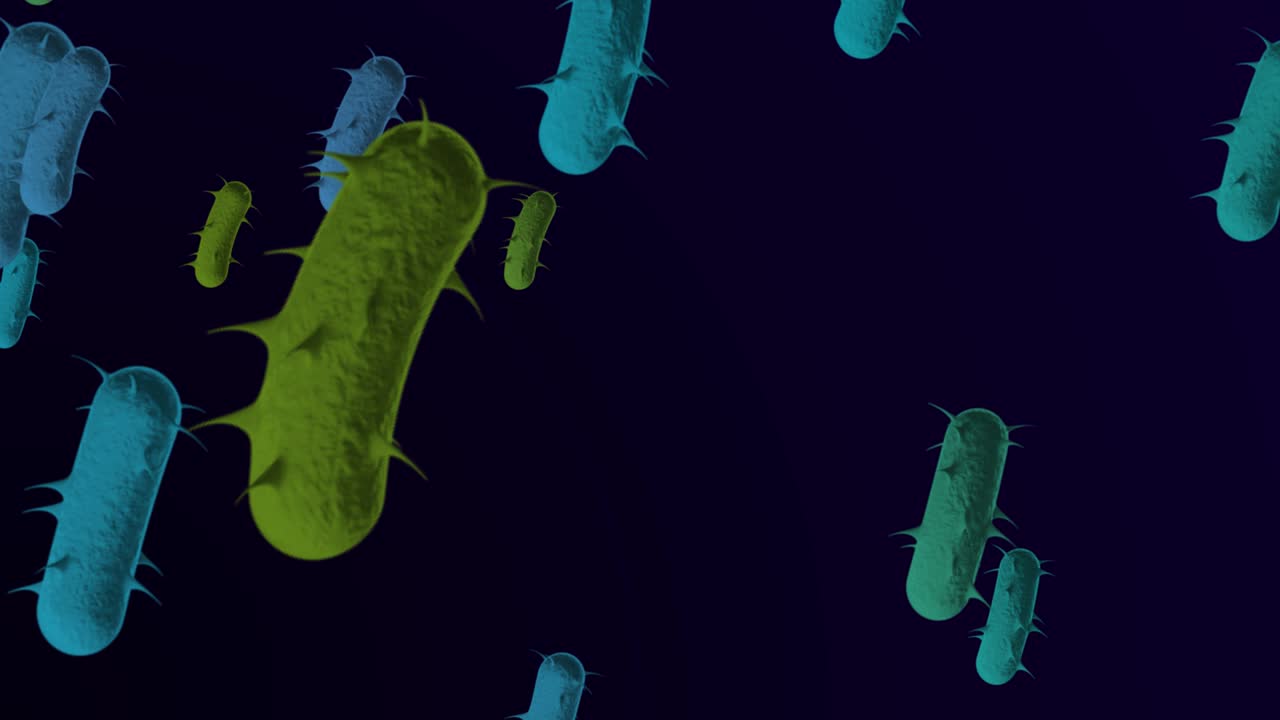 4k bacterias microscópicas antecedentes médicos - bucle, bacteria bucleable - flotación de bacterias e. coli - bacteria - animación en 3d de bacrerium. espirilla - bacteria de primer plano - color verde azul
