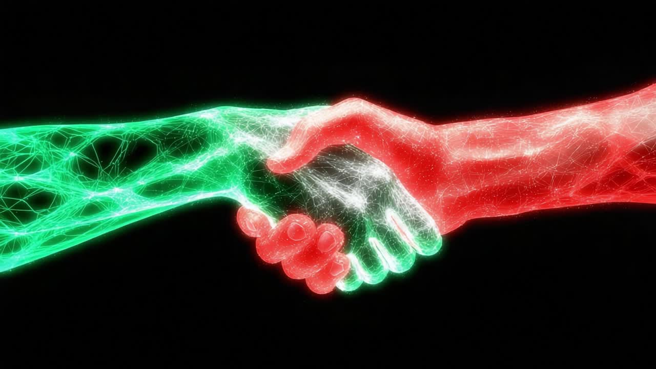 A Symbolic Handshake Between Two Energetic Entities, Representing Unity and Collaboration Through Light and Color in a Futuristic Digital Realm