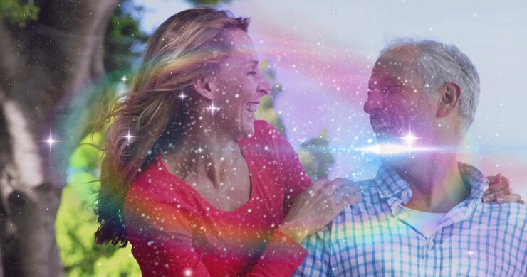 Lifestyle couple lifting arm pointing offscreen, sparkling rainbow arc swirling showing affection