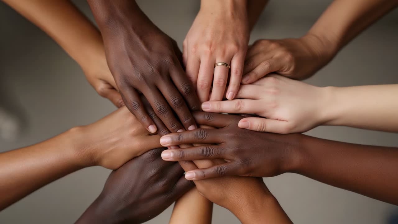 Reaching team stacking hands and forearms on plain surface, showing teamwork and wedding ring