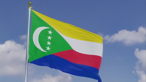 flag of comoros moving in the wind with a clear blue sky in the background, clouds slowly moving, flagpole, slow motion