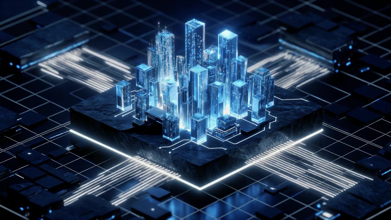 Futuristic Digital Cityscape on a Computer Processor Chip