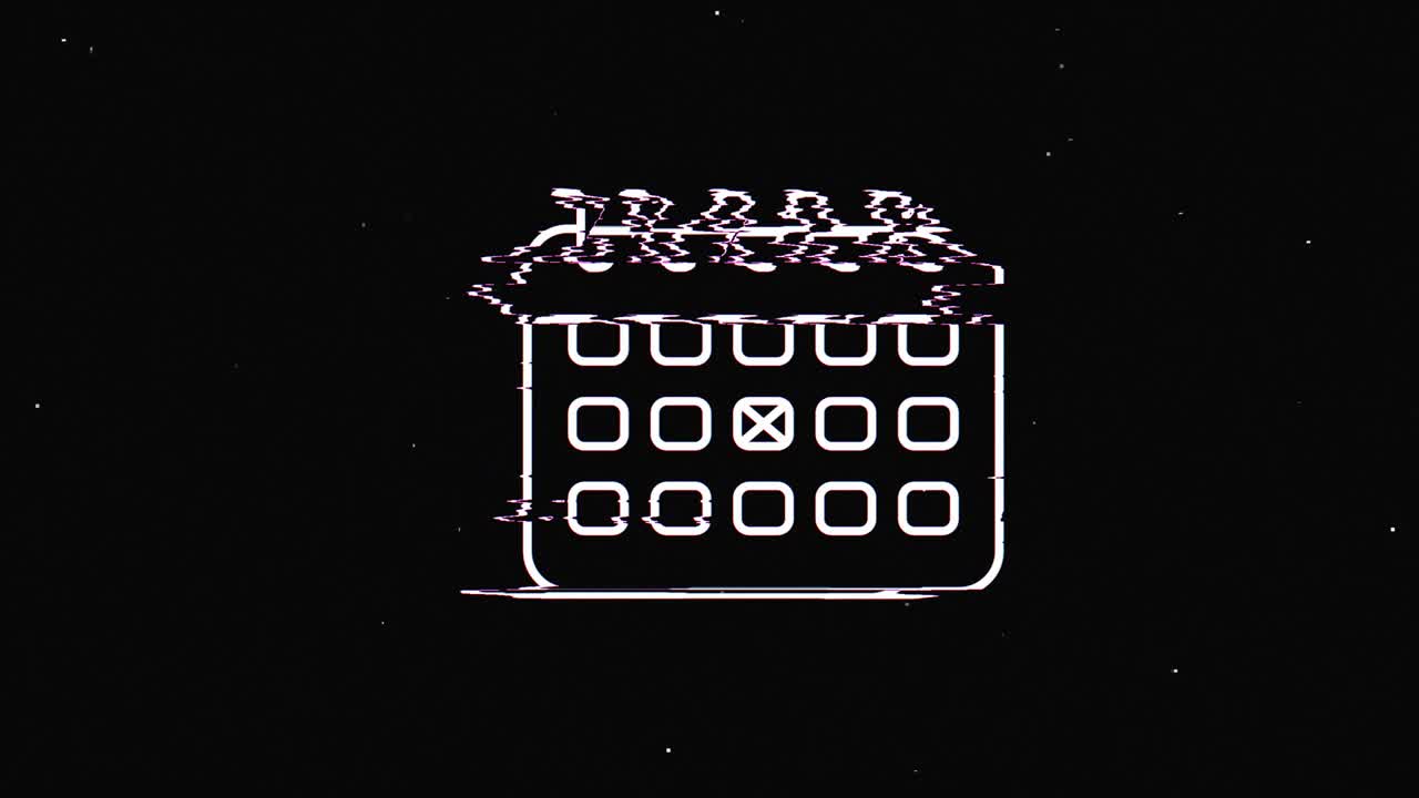 línea de calendario hud símbolo holográfico en pantalla de televisión digital vieja animación de glitch de bucle sin costuras. corazones. retro dinámico y alegre. imágenes de video coloridas y vintage.