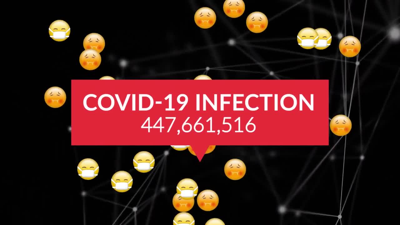 Animazione digitale di una scritta 'infezione COVID-19' con numeri crescenti contro più emoji di faccine.