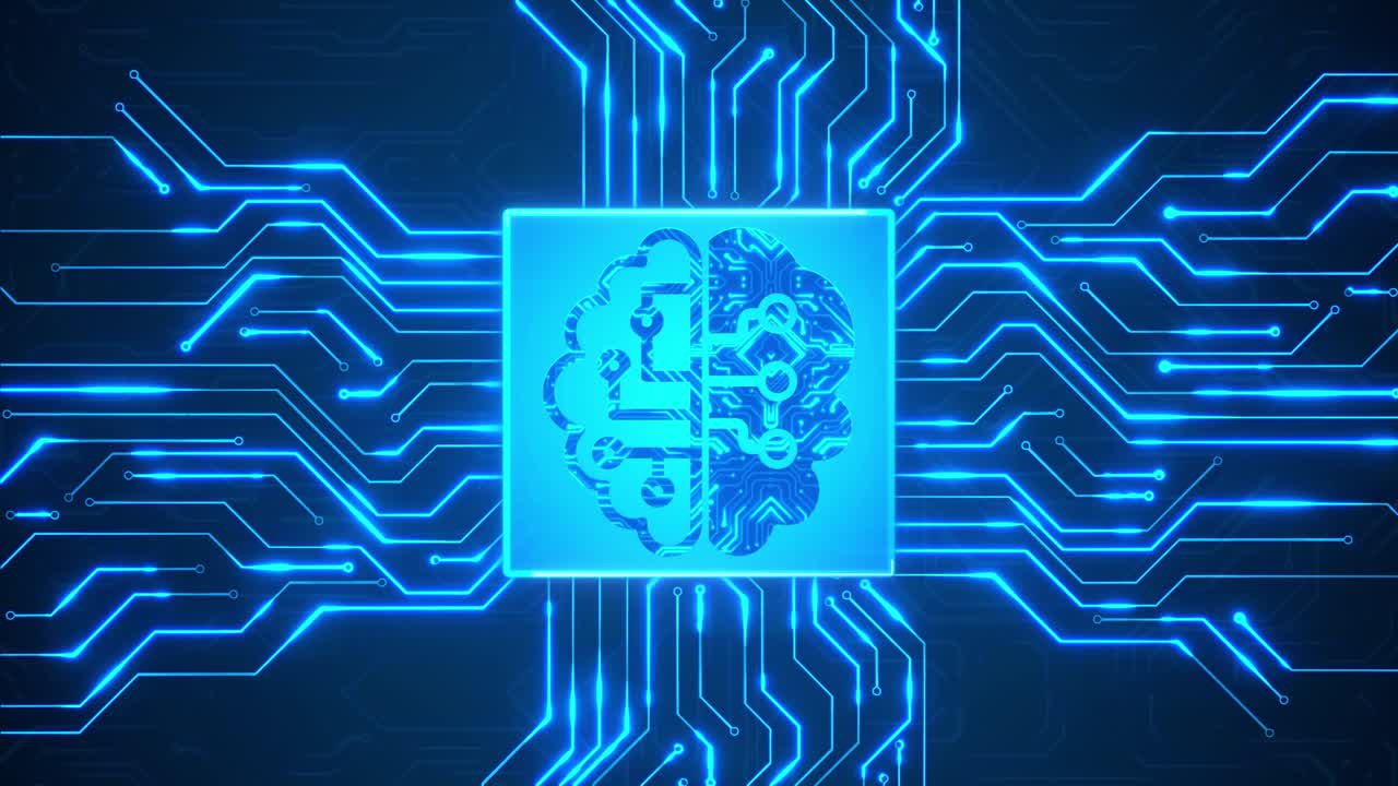 Artificial Intelligence Digital Brain bid Data Ai chipset on circuit board in futuristic Loop Animation.