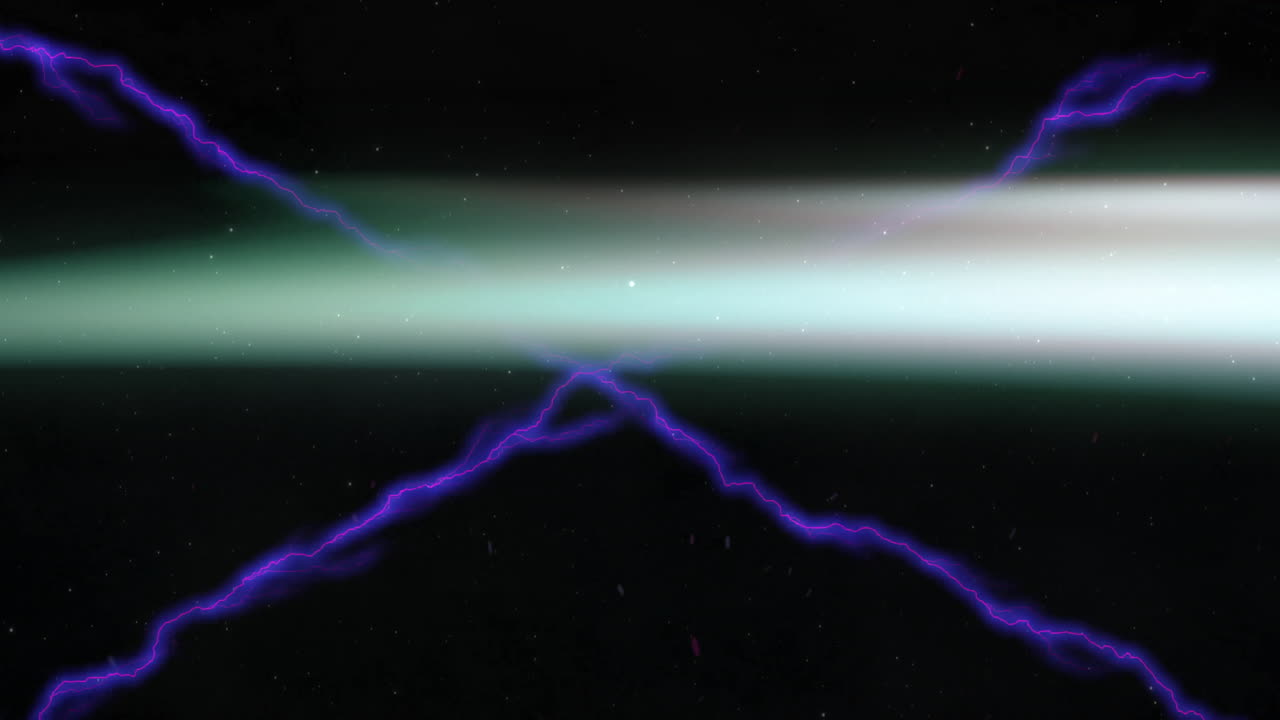 Lightning bolts crossing dark, cloudy sky with purple animation effects