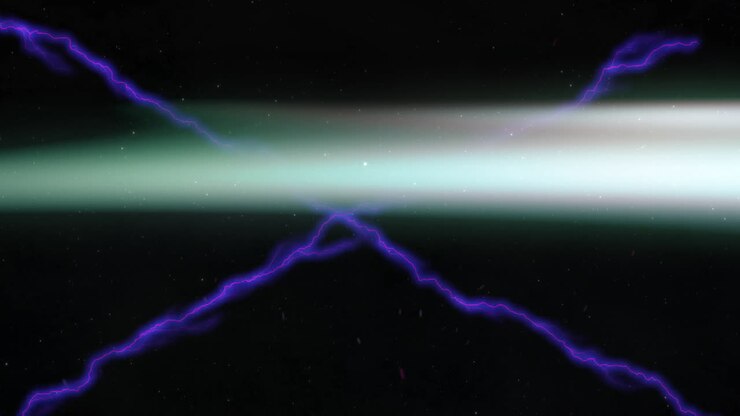 Fulmini che attraversano un cielo scuro e nuvoloso con effetti di animazione viola