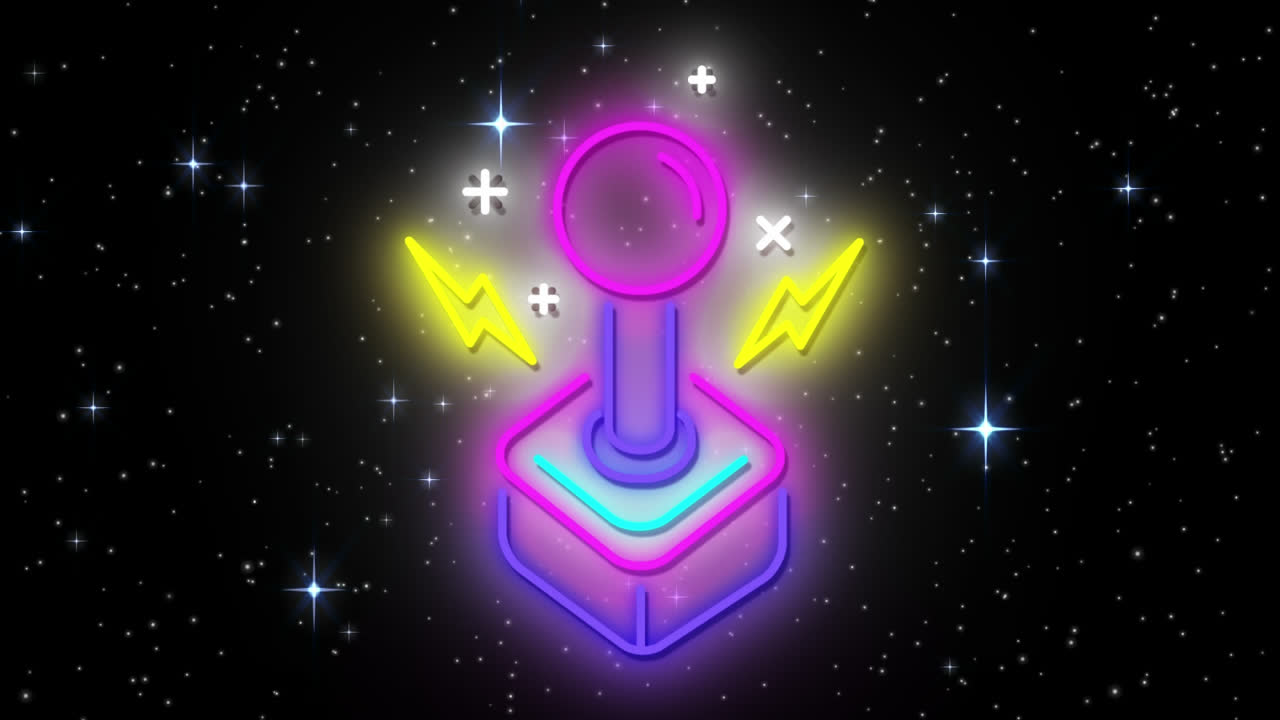 animación de joystick de videojuego de neón retro brillante parpadeando en el cielo nocturno en el fondo