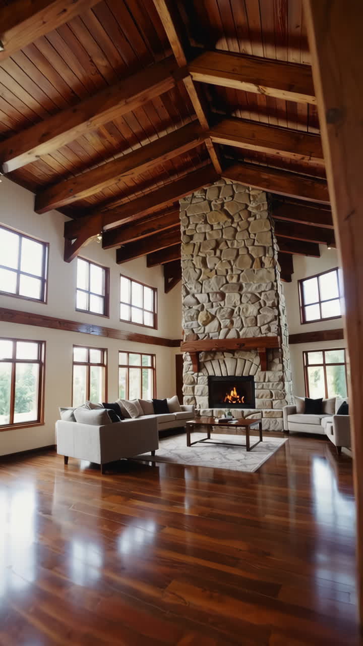 Rustic Luxury Home Interior with Grand Stone Fireplace and Spacious Living Areas