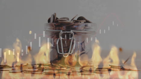 animación del procesamiento de datos financieros sobre múltiples monedas que caen