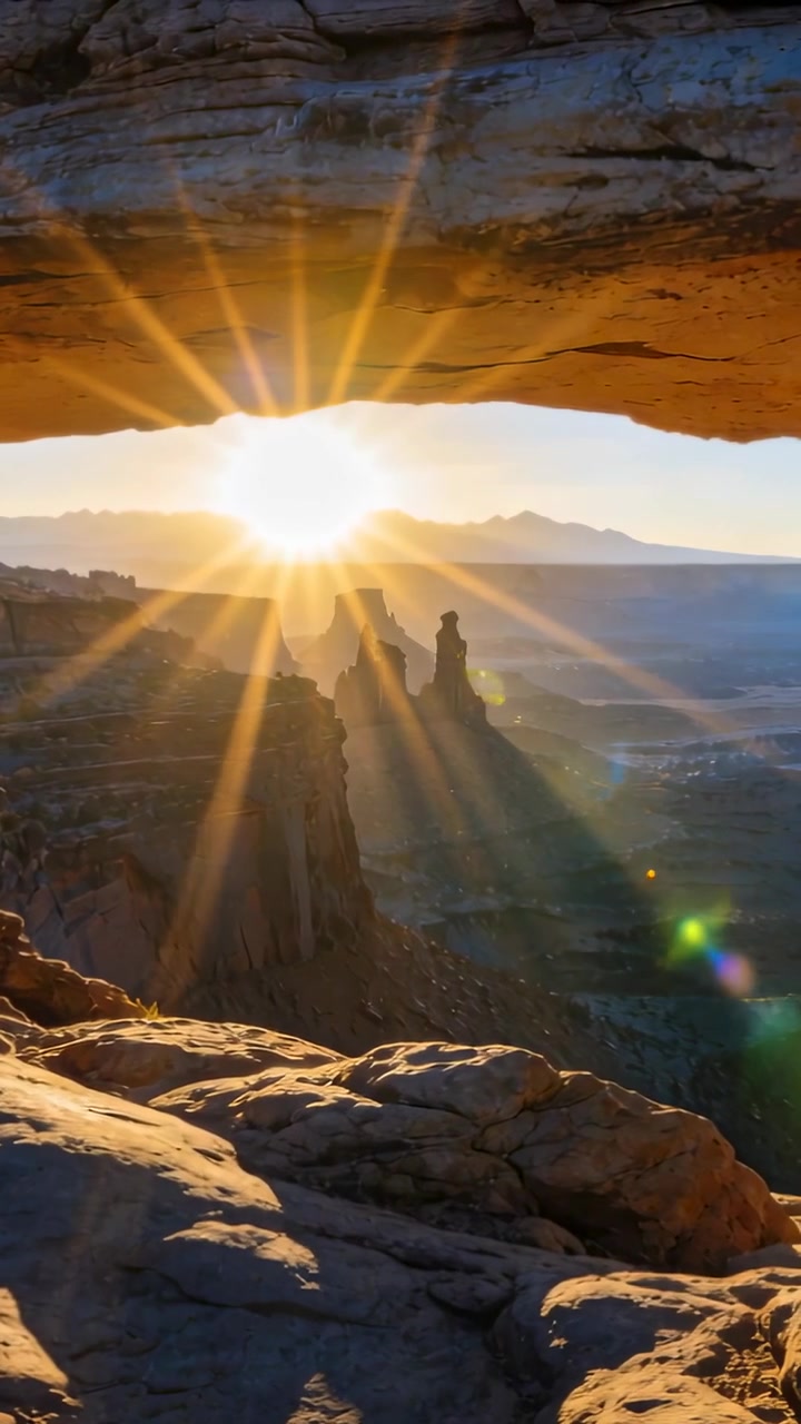 Video verticale: Sole che sorge e si muove attraverso un arco sul bordo di un canyon, creando un bagliore a stella e proiettando ombre.
