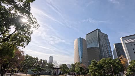 time-lapse of a park with modern buildings.