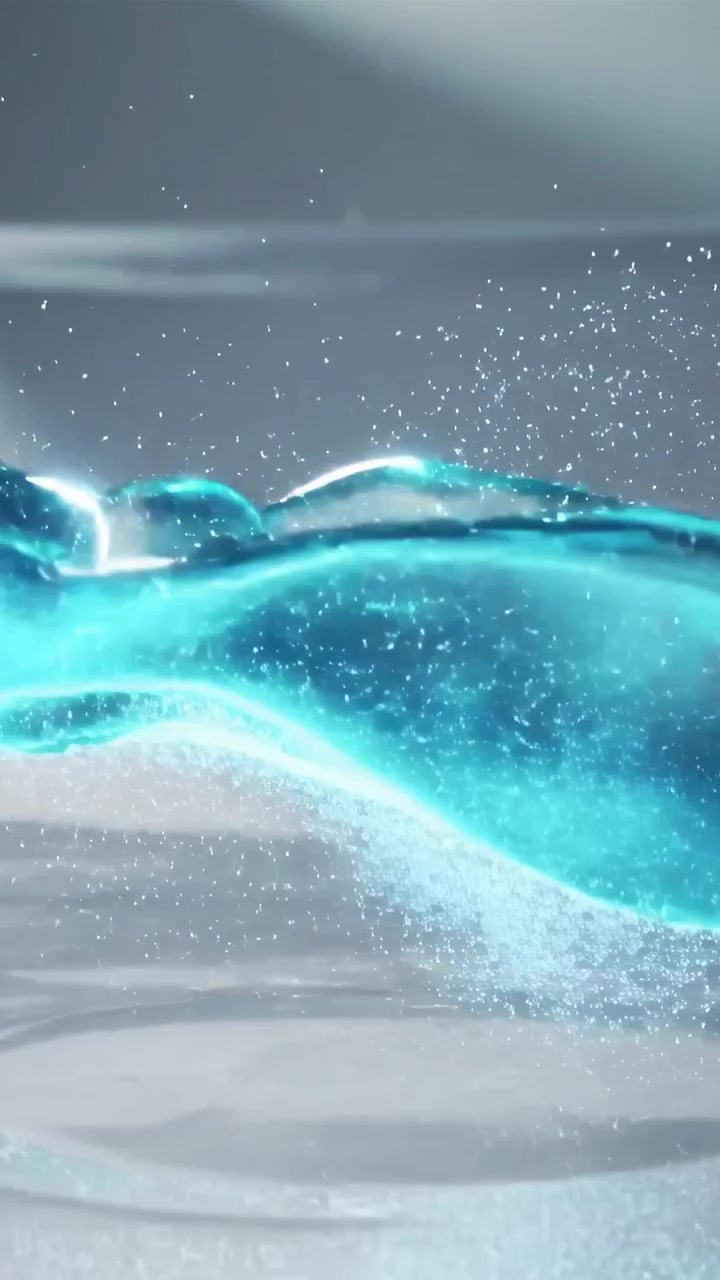 Video verticale: Capsula bianca che scende e tocca un piano in studio, dissolvendosi in un foglio color verde acqua.