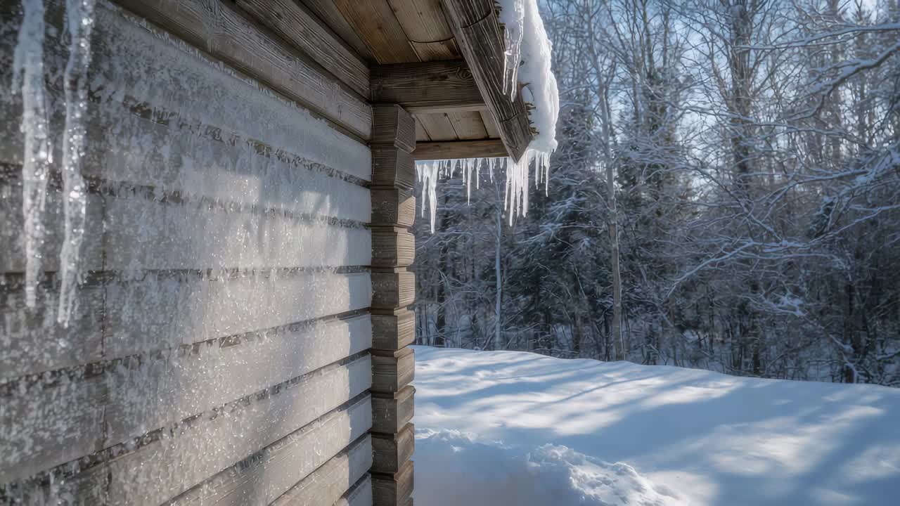 Panning camera slowly revealing cabin eaves with icicles at snowfield showing frost, copy space