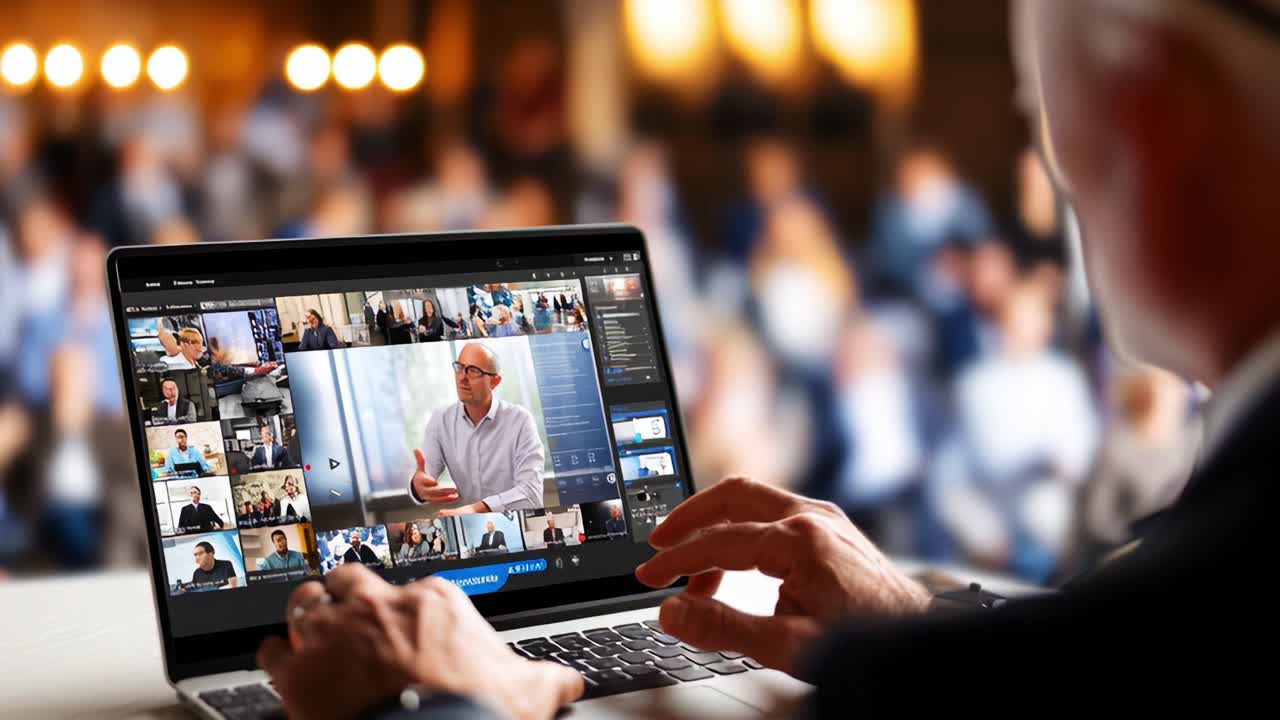 Virtual Meeting Scene: Engaging Participants Through a Laptop During an Online Conference with Multiple Video Thumbnails Displaying Attendees and a Focused Speaker
