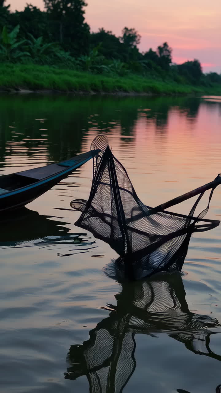 Pemandangan memancing yang tenang saat matahari terbenam di sungai dengan perahu dan jaring ikan