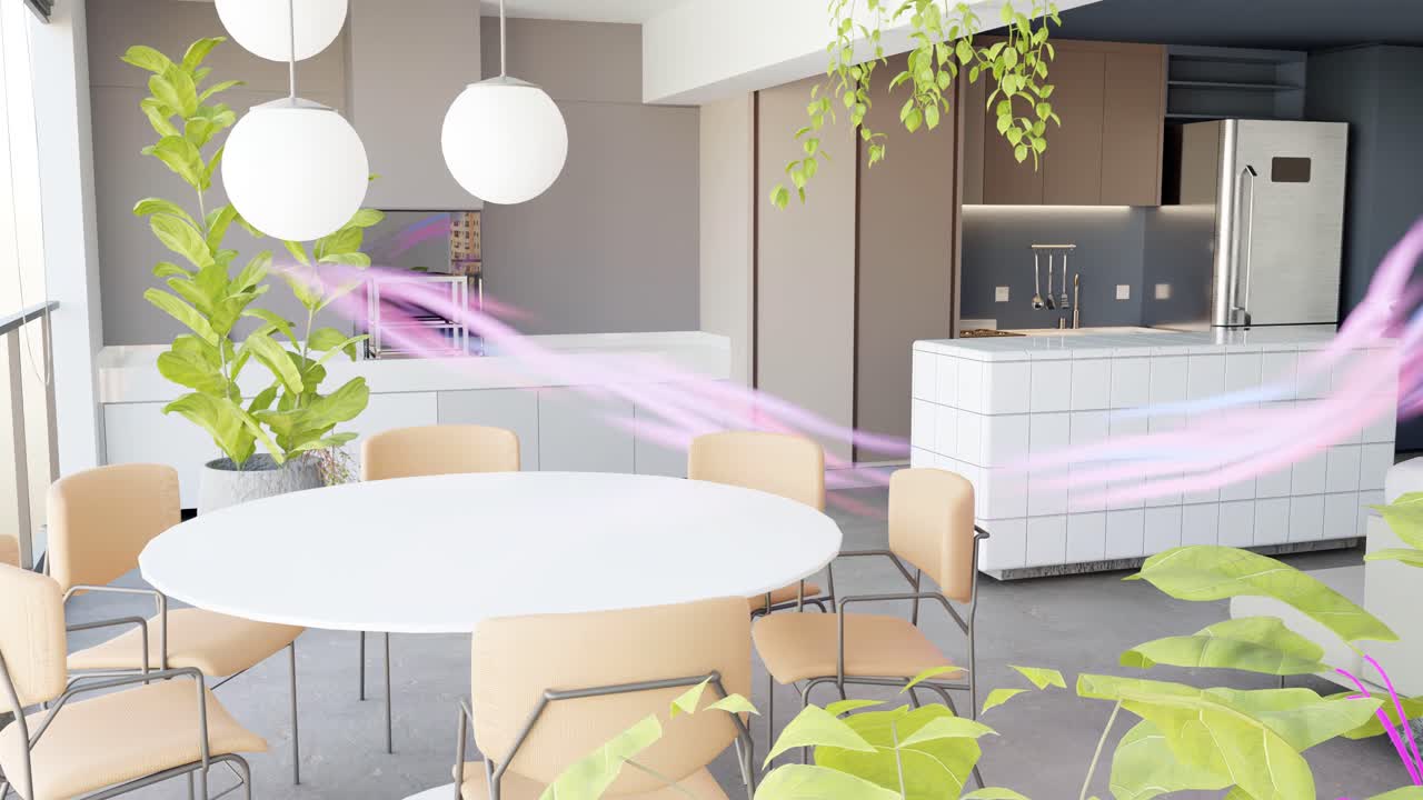Render 3D Dinette apartemen modern dengan visualisasi aliran udara berwarna-warni