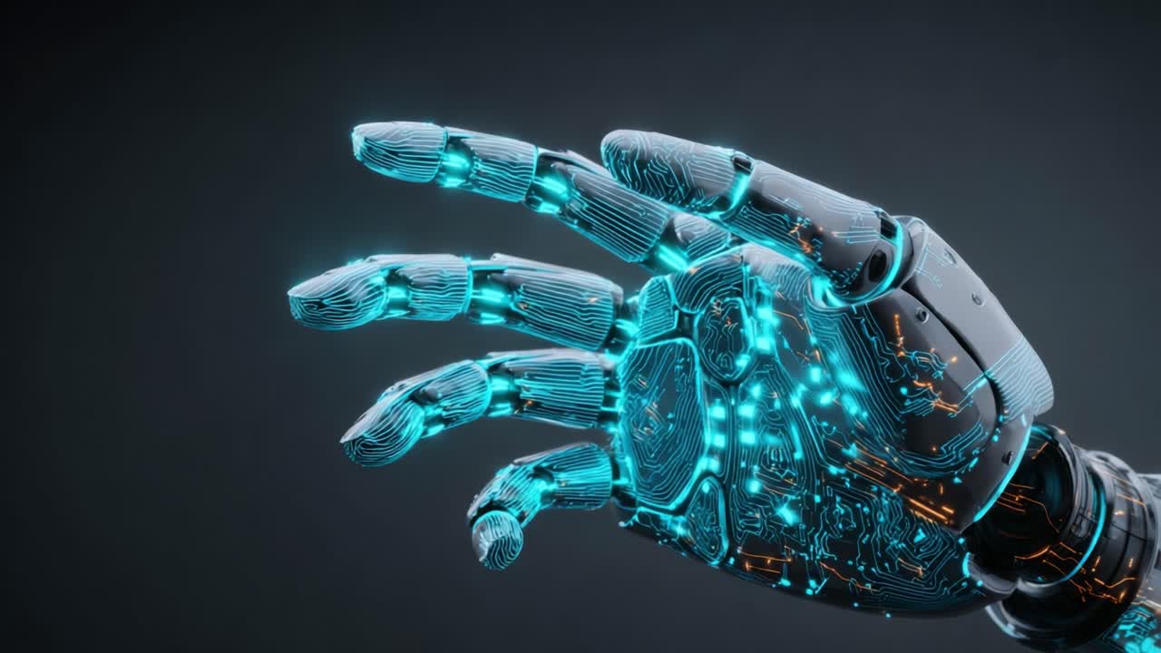 A Stunning Showcase of Futuristic Robotic Hand Design Featuring Intricate Circuitry and Illuminated Elements, Illustrating Advanced Technology in Robotics and AI