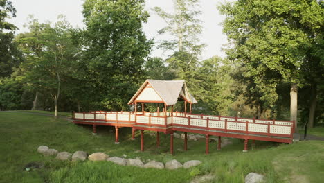 backward aerial view of lovers retreat in roger williams park