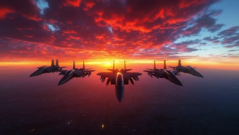 Jets at sunset on the horizon. A formation of fighter jets flies against a stunning sunset sky filled with vibrant colors and clouds.