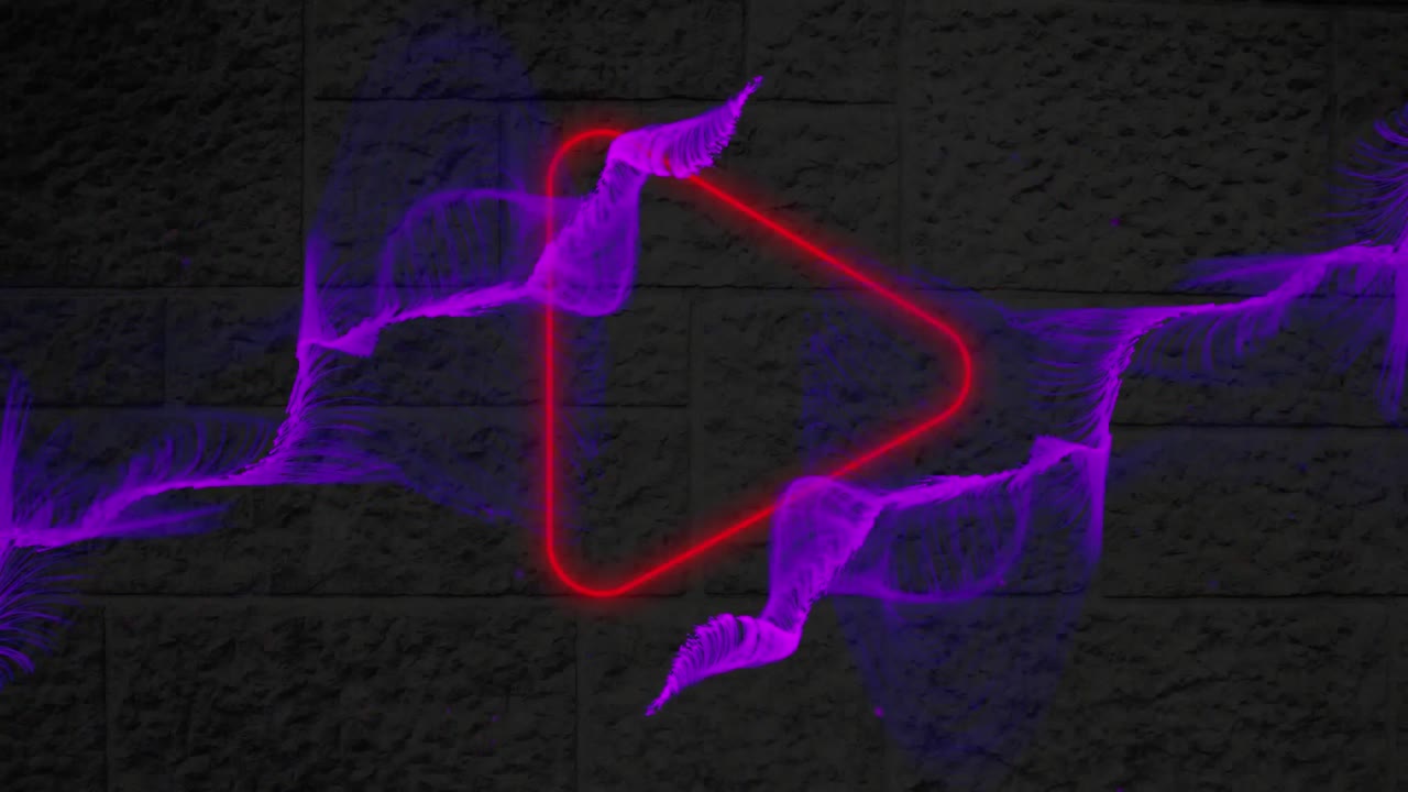 animazione dell'icona del pulsante di riproduzione rosso neon e dell'onda digitale viola sullo sfondo della parete di mattoni.