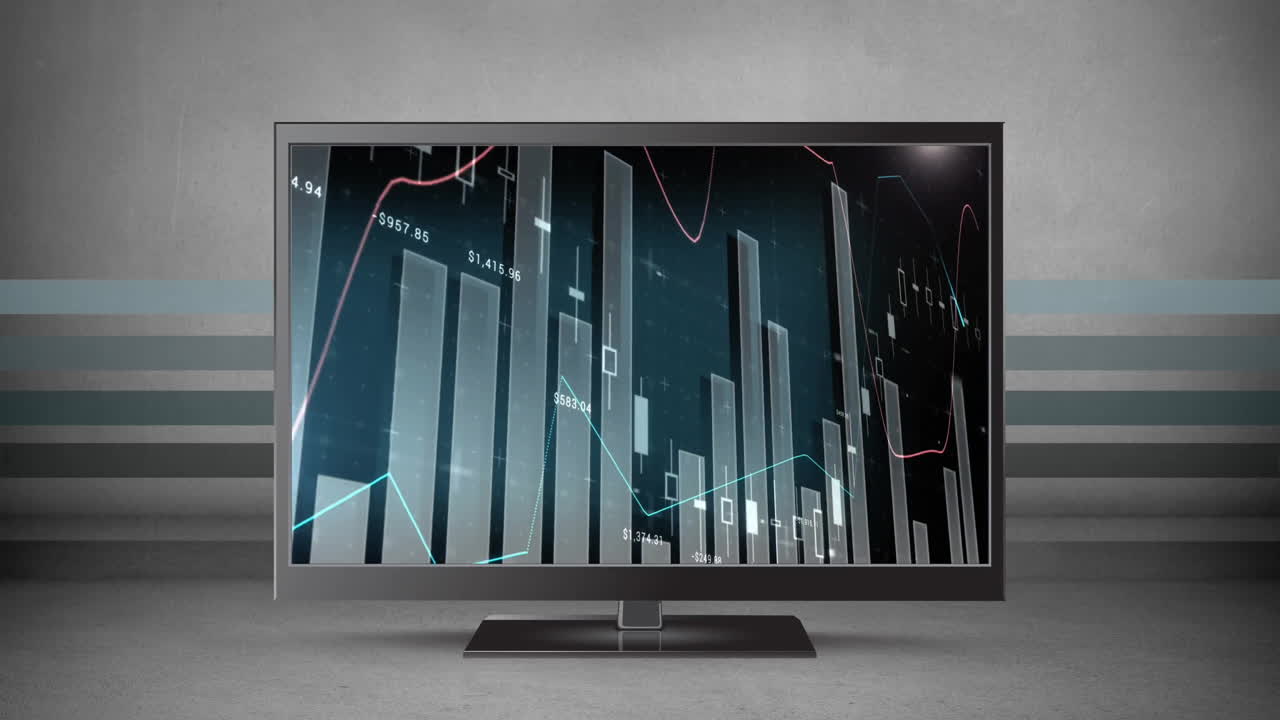 animación de diagramas y procesamiento de datos en pantalla de computadora