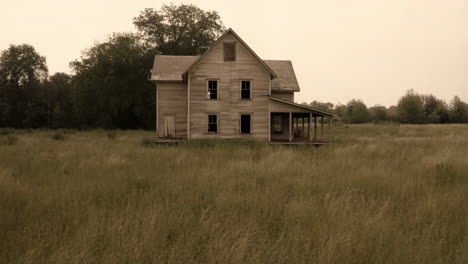 an old abandoned house in a grassy field
