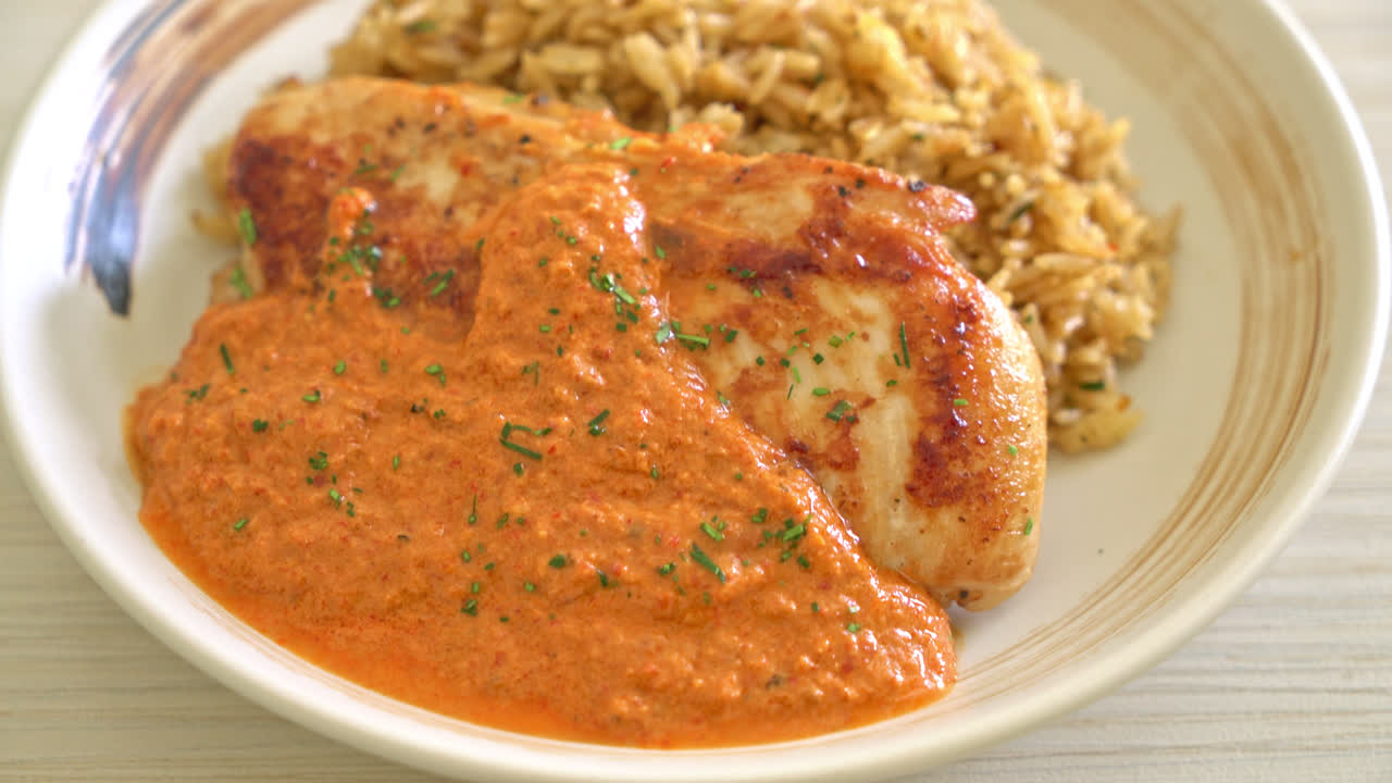 Filete de pollo a la parrilla con salsa de curry rojo y arroz - estilo de comida musulmana