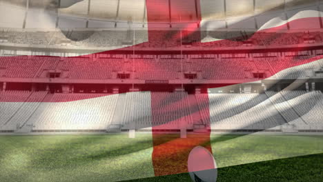 Animation-Einer-Wehenden-Englischen-Flagge-über-Einem-Stadion-Mit-Rugbyball