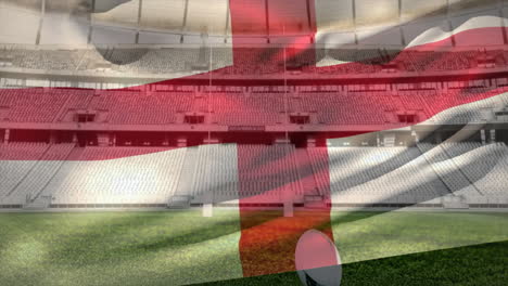 animation of waving flag of england over stadium with rugby ball