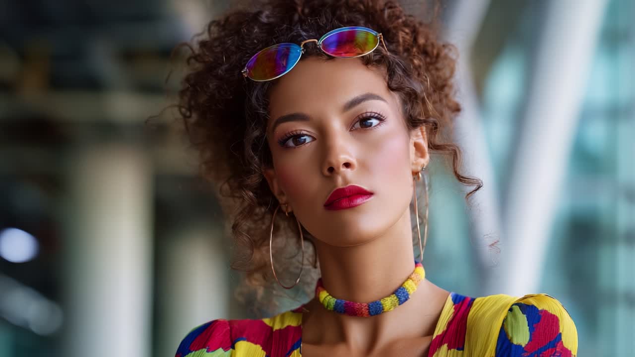 Captivating Portrait of a Stylish Woman with Bold Lipstick and Colorful Accessories, Highlighting Fashion and Confidence in a Modern Urban Setting