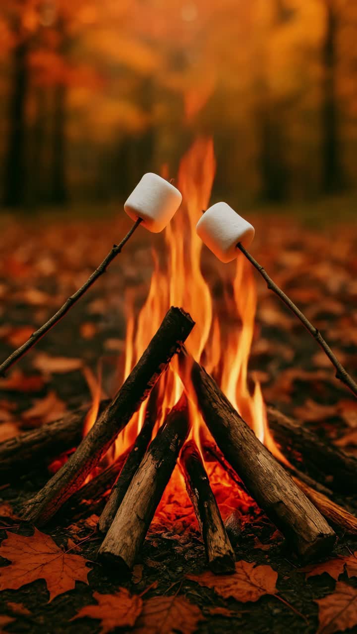 Cozy autumn campfire scene with marshmallows on sticks. Low-angle shot captures the warmth and glow