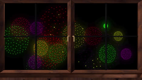 animation of window over colourful fireworks on black backrgound