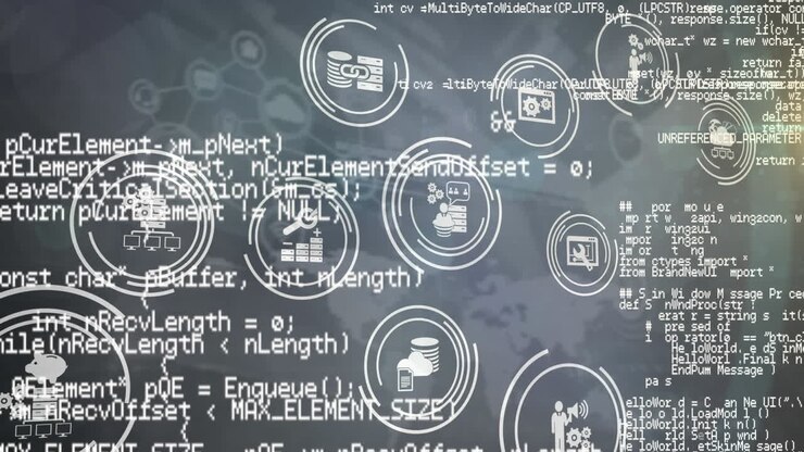 Animation af databehandling og netværk af digitale ikoner på grå baggrund