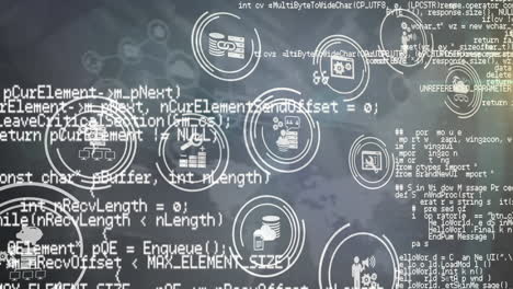 animation of data processing and network of digital icons on grey background