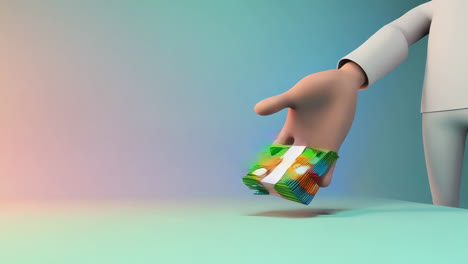 a 3d cartoon hand reaching out and holding a colorful paintbrush on a pastel background