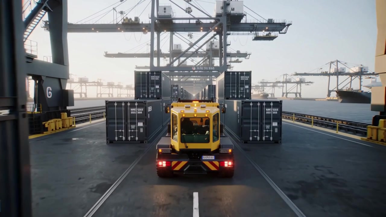 Mengemudikan truk terminal kuning, lampu kuning menyala, bergerak di garis tengah menuju area kontainer ke arah derek.