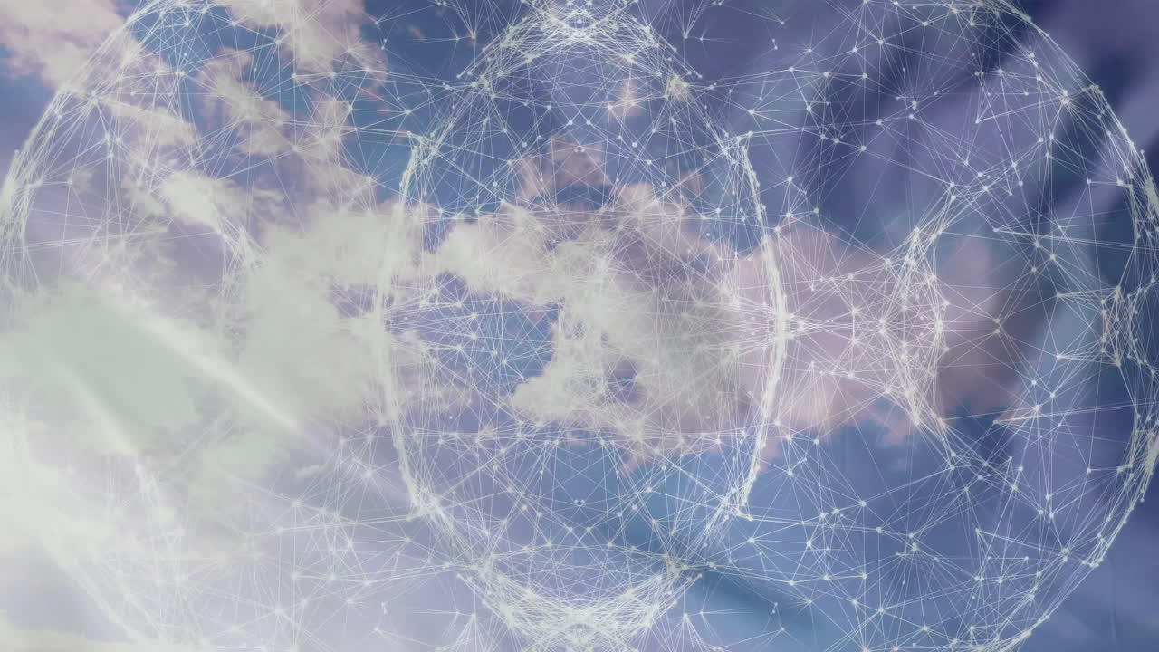 Digital data network mesh floating over soft clouds, using glowing nodes and geometric overlay