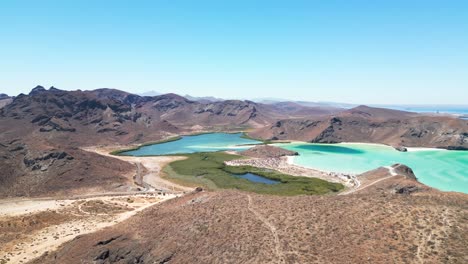 calm desert landscape with turquoise lagoon and distant mountains in la paz, mexico